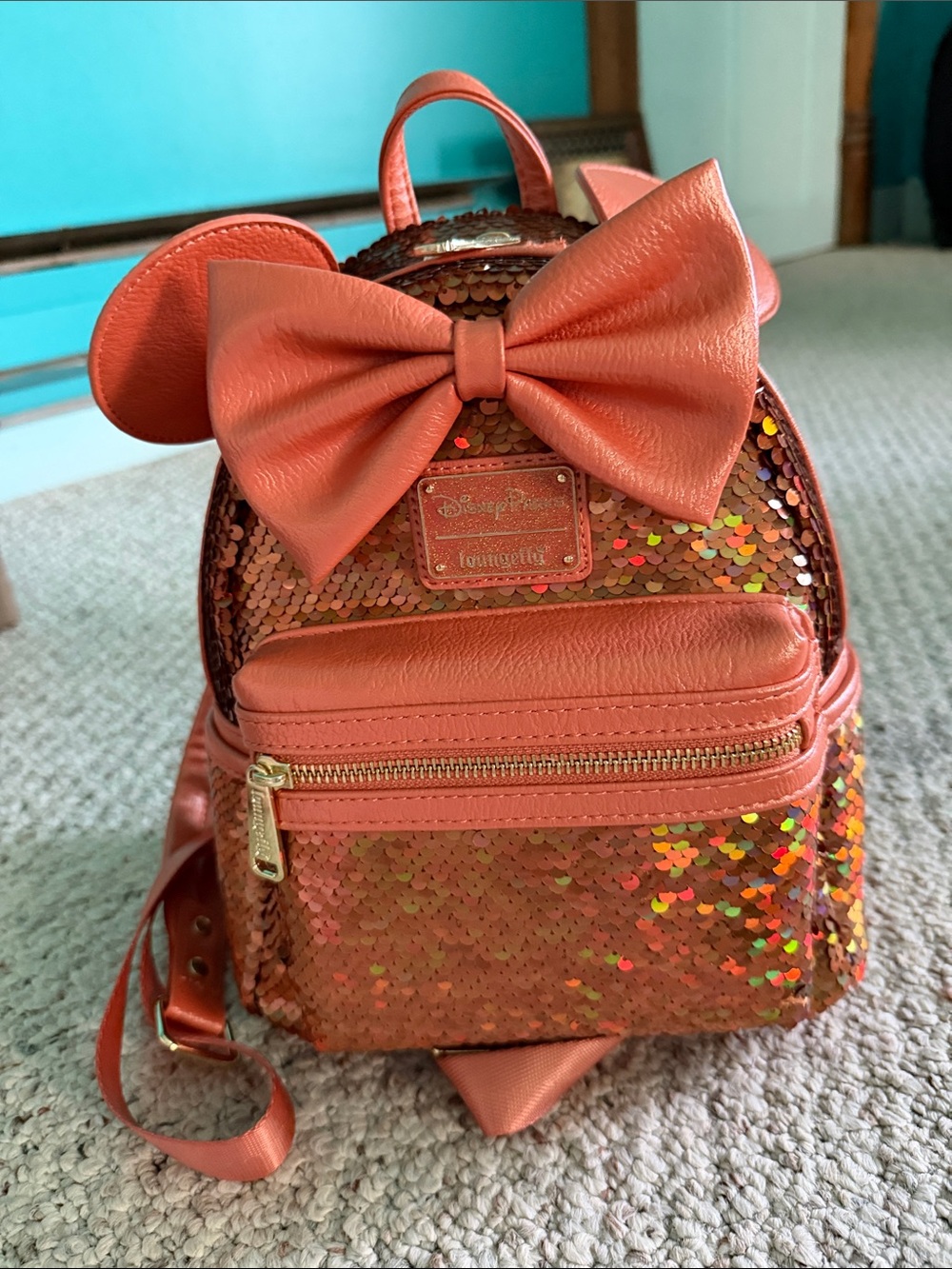 Loungefly Coral/Orange Sequin Minnie Mouse Backpack with Bow and Ears